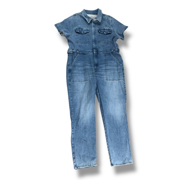 GOOD AMERICAN Denim Utility Jumpsuit Short Sleeve Belted Light Wash Size 6 - Picture 2 of 8